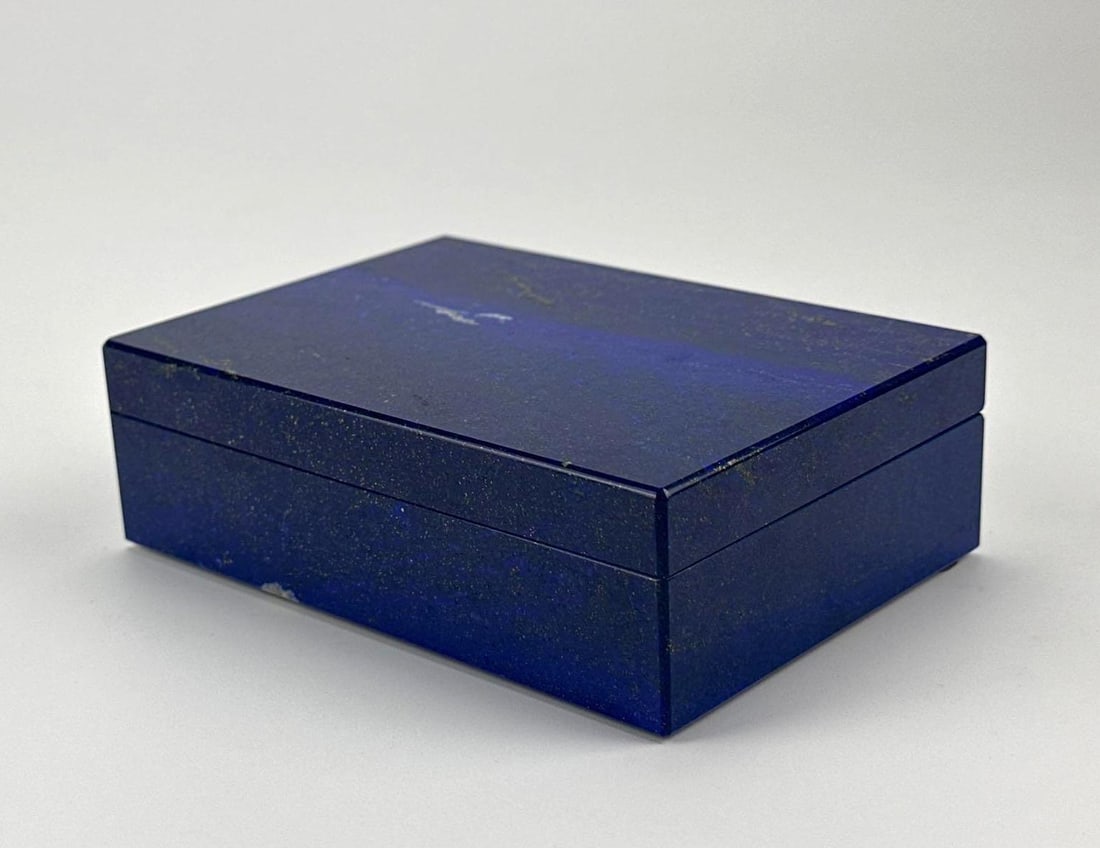 ITALIAN VINTAGE SOLID LAPIS LAZULI HINGED TRINKET BOX: Rectangular polished deep blue lapis lazuli trinket box decorated with natural pyrite flecking, hinged lid, and fitted interior construction. Approximate Dimensions: 1.5" H X 5.25" W X 3.5"