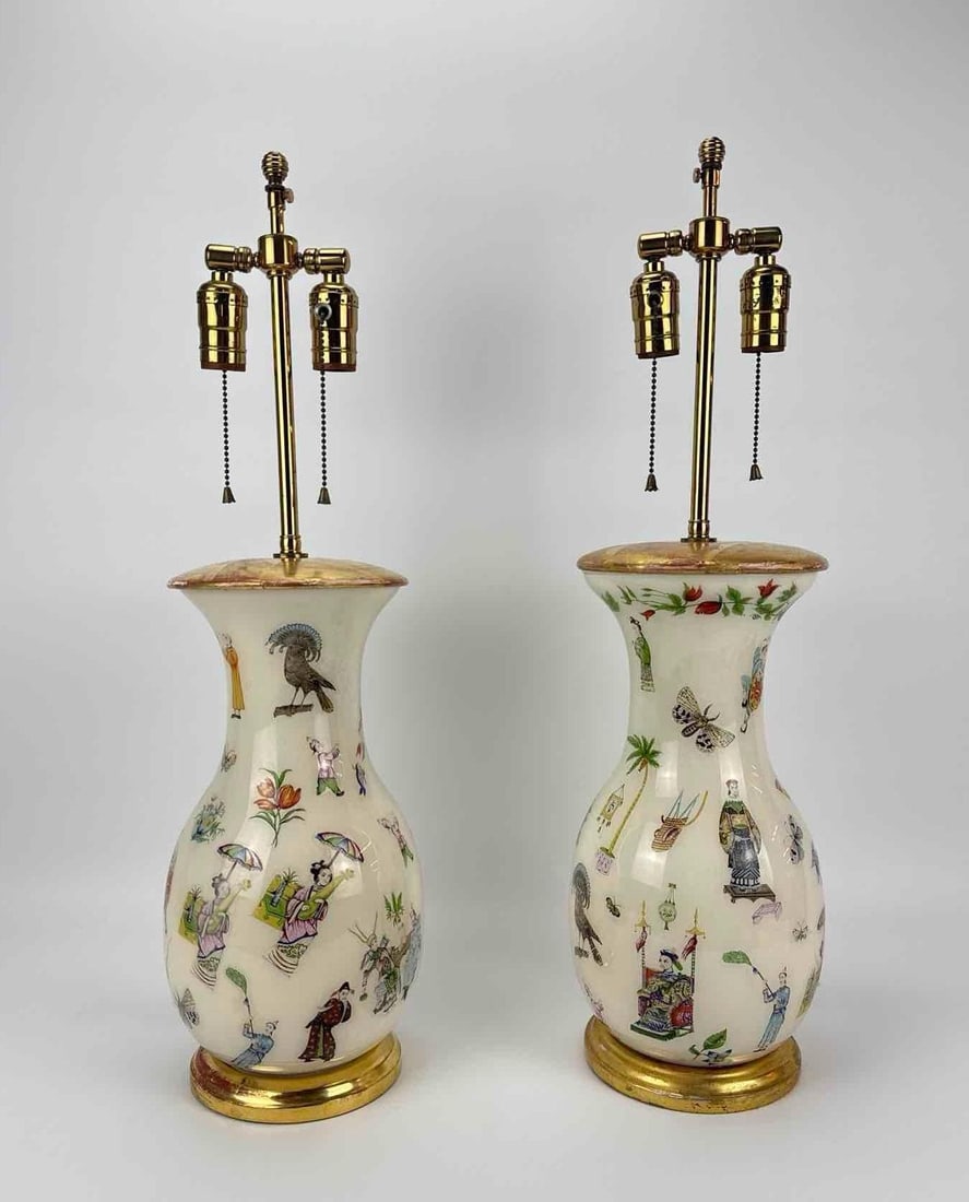 PAIR OF VINTAGE DECALCOMANIA GLASS VASE LAMPS (1 of 11)
