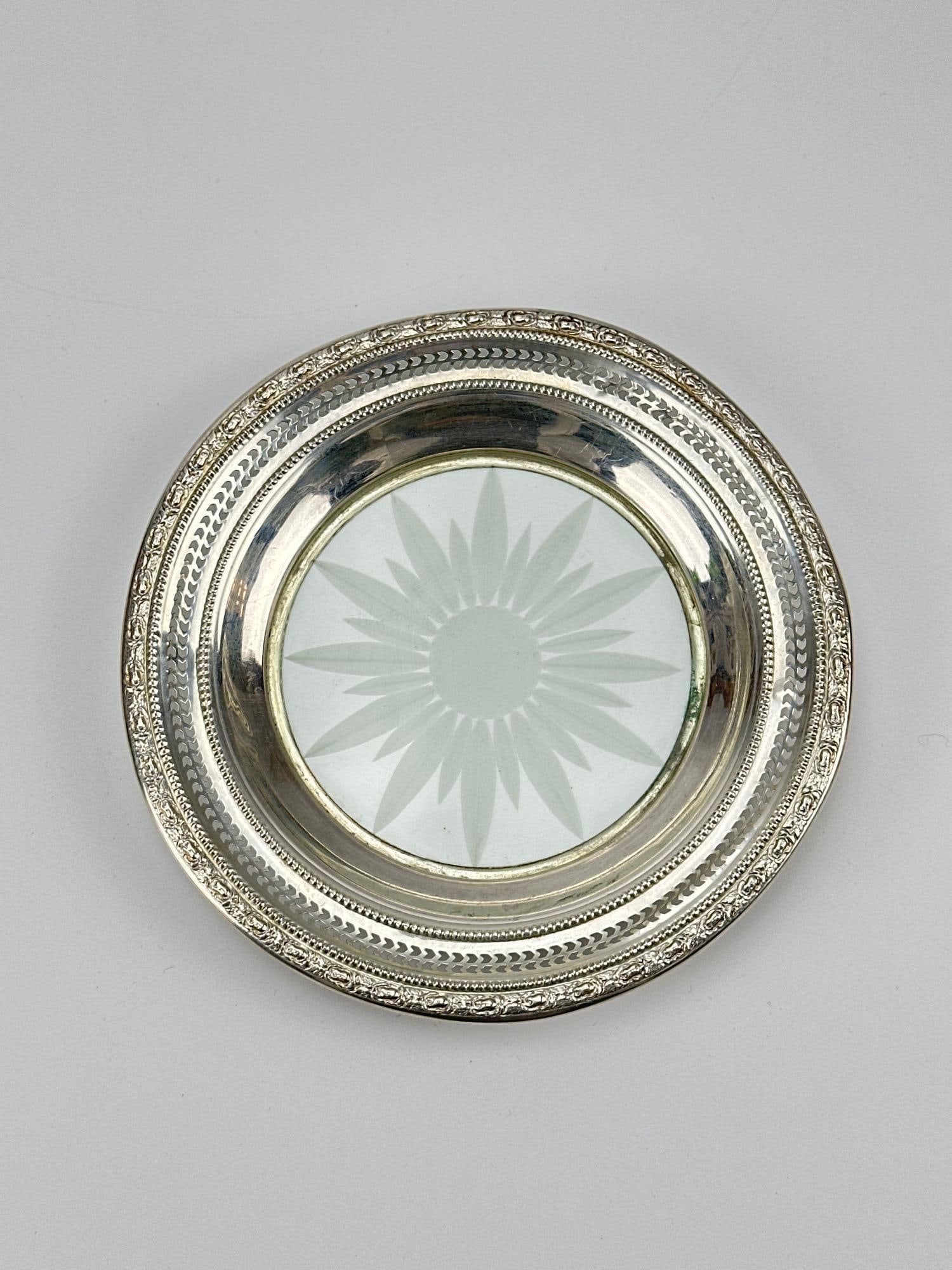 FRANK M. WHITING & CO. "TALISMAN ROSE" STERLING SILVER & CUT GLASS BOTTLE COASTER (1 of 10)