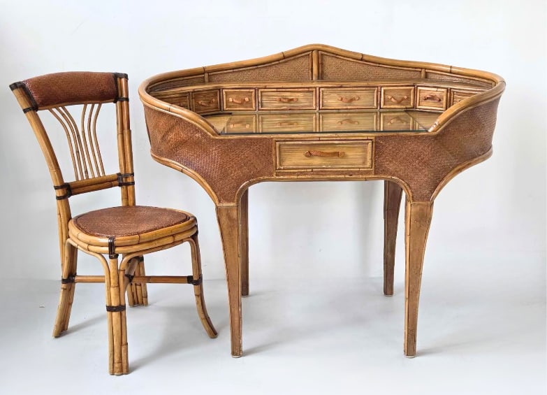 VINTAGE TROPICAL BAMBOO, WOVEN RATTAN & SPLIT REED WRITING DESK AND CHAIR SET: Mid-20th century organic modern tropical writing desk and matching side chair constructed from natural bent bamboo, woven rattan, and split reed. Approximate Dimensions: 39.5" H X 48.5" W X 23" D DESK