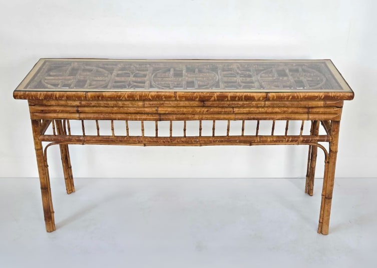 VINTAGE TORTOISE BAMBOO GLASS TOP CONSOLE (1 of 15)