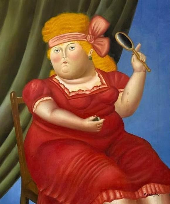OIL PAINTING IN THE STYLE OF FERNANDO BOTERO, SIGNED REMINGTON: Oil on canvas portrait rendered in the distinctive Boterismo style, signed "Remington" in lower right; housed in an ornate gilt baroque-style frame. Approximate Dimensions: 23” x 19&rdqu