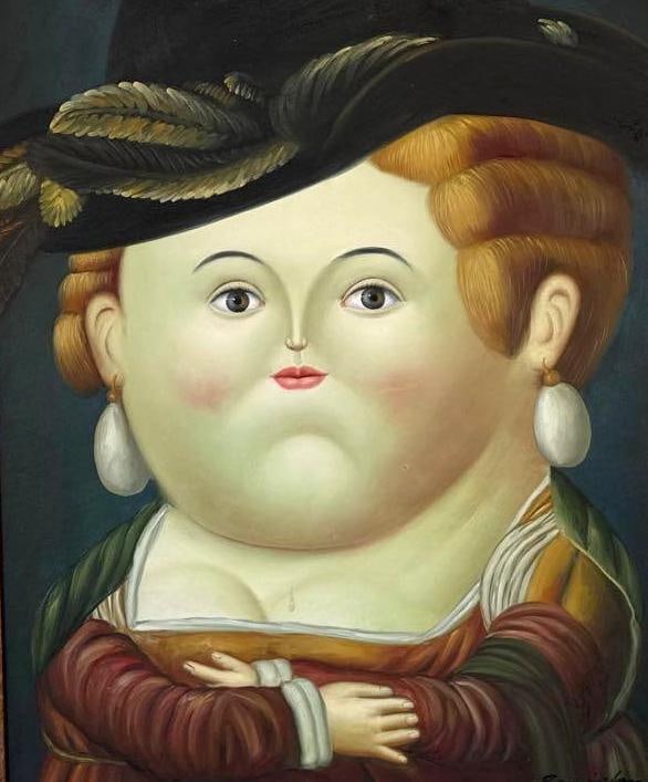 OIL PAINTING IN THE STYLE OF FERNANDO BOTERO, SIGNED REMINGTON: Oil on canvas portrait rendered in the distinctive Boterismo style, signed "Remington" in lower right; housed in an ornate gilt baroque-style frame. Approximate Dimensions: 23” x 19&rdqu