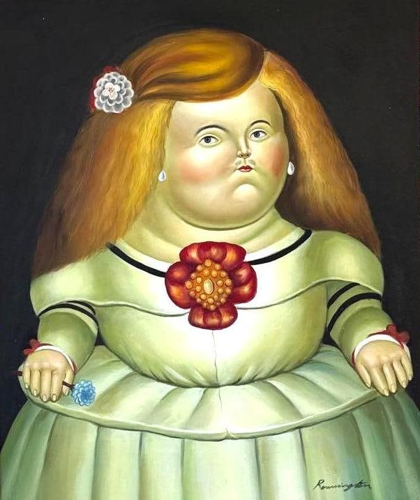 OIL PAINTING IN THE STYLE OF FERNANDO BOTERO, SIGNED REMINGTON: Oil on canvas portrait rendered in the distinctive Boterismo style, signed "Remington" in lower right; housed in an ornate gilt baroque-style frame. Approximate Dimensions: 23” x 19&rdqu