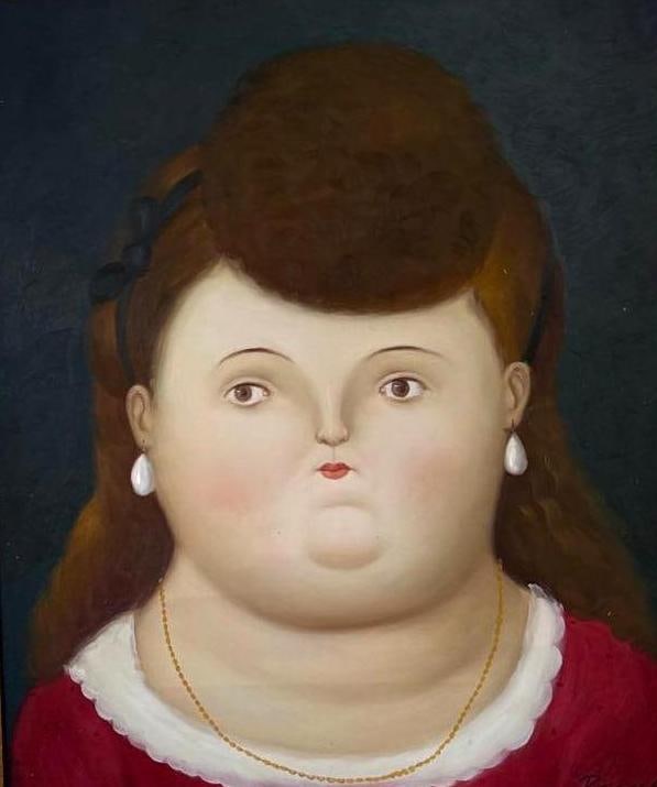 OIL PAINTING IN THE STYLE OF FERNANDO BOTERO, SIGNED REMINGTON: Oil on canvas portrait rendered in the distinctive Boterismo style, signed "Remington" in lower right; housed in an ornate gilt baroque-style frame. Approximate Dimensions: 23” x 19&rdqu