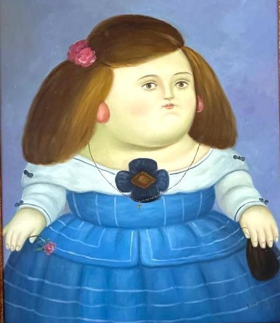 OIL PAINTING IN THE STYLE OF FERNANDO BOTERO, SIGNED WILLIAM: Oil on canvas portrait rendered in the distinctive Boterismo style, signed "William" in lower right; housed in an ornate gilt baroque-style frame. Approximate Dimensions: 23” x 19”
