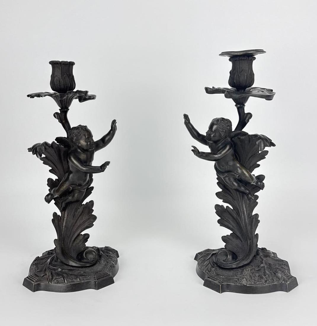 PAIR OF FRENCH ROCOCO STYLE BRONZE? CHERUB CANDLESTICKS (1 of 12)