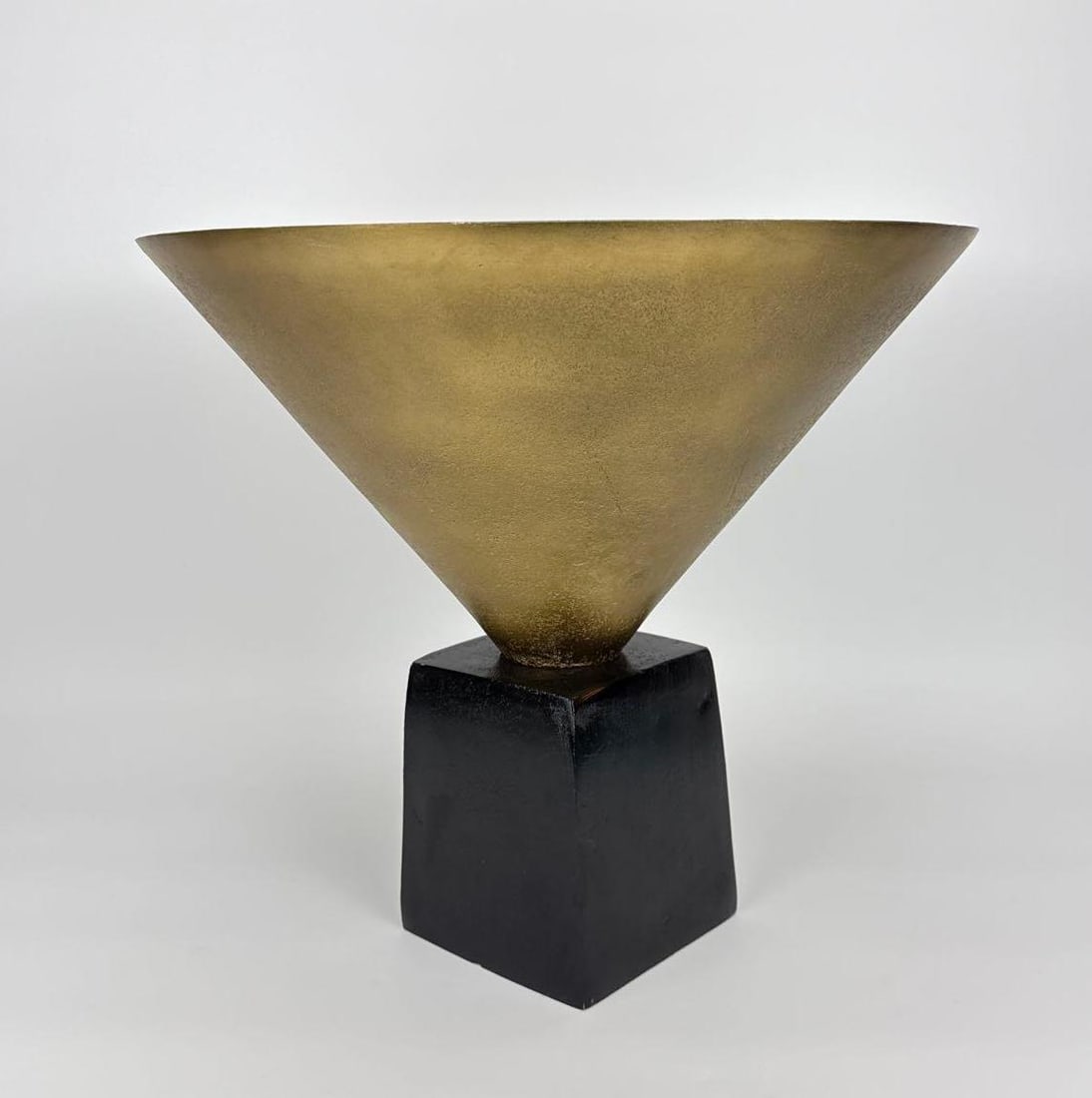 MODERNIST BRONZE-FINISH CONICAL CENTERPIECE BOWL ON CUBE PLINTH (1 of 12)