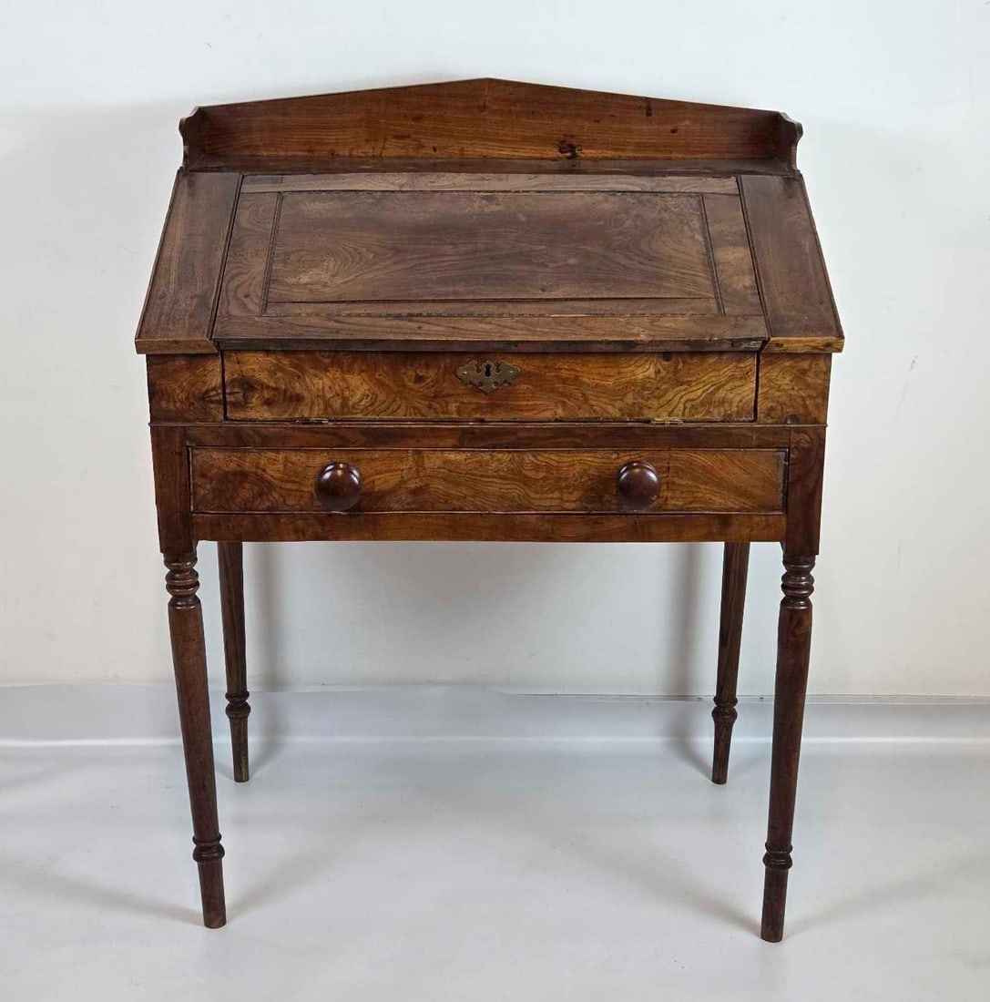 ANTIQUE GEORGE III STYLE YEW WOOD SLANT FRONT CLERK SCHOOLMASTER DESK (1 of 20)