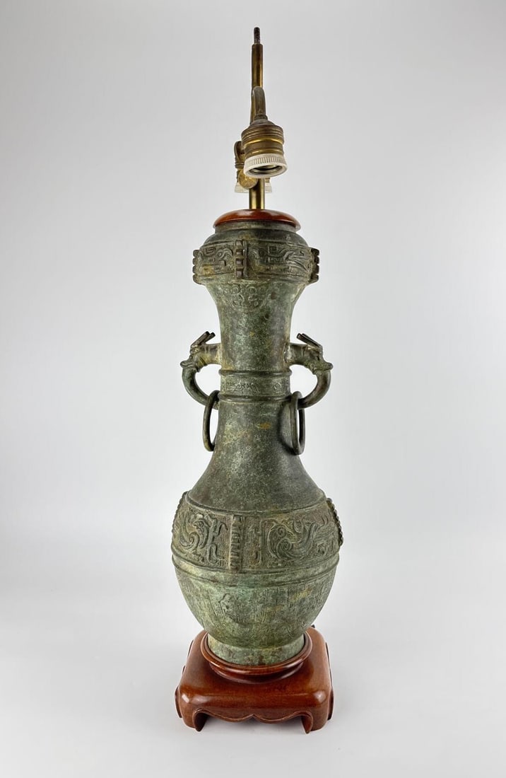 CHINESE ARCHAISTIC PATINATED BRONZE HU VASE MOUNTED AS TABLE LAMP (1 of 9)
