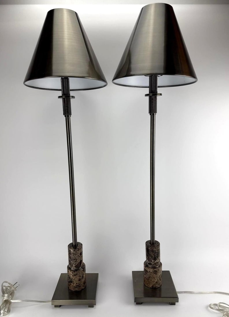 PAIR MODERN BRUSHED STEEL AND MARBLE TALL BUFFET TABLE LAMPS (1 of 11)