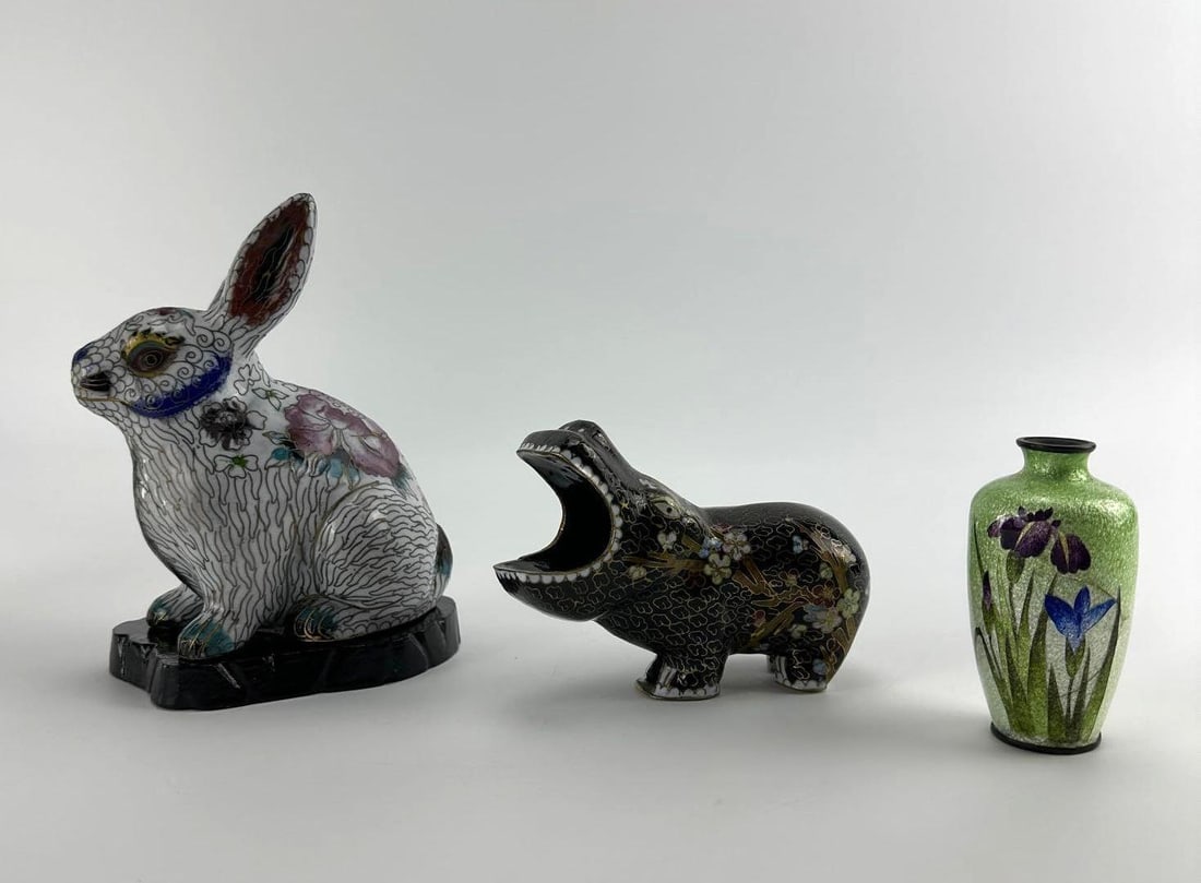 CHINESE CLOISONNE ENAMEL RABBIT HIPPO AND MINIATURE VASE GROUP OF THREE (1 of 17)
