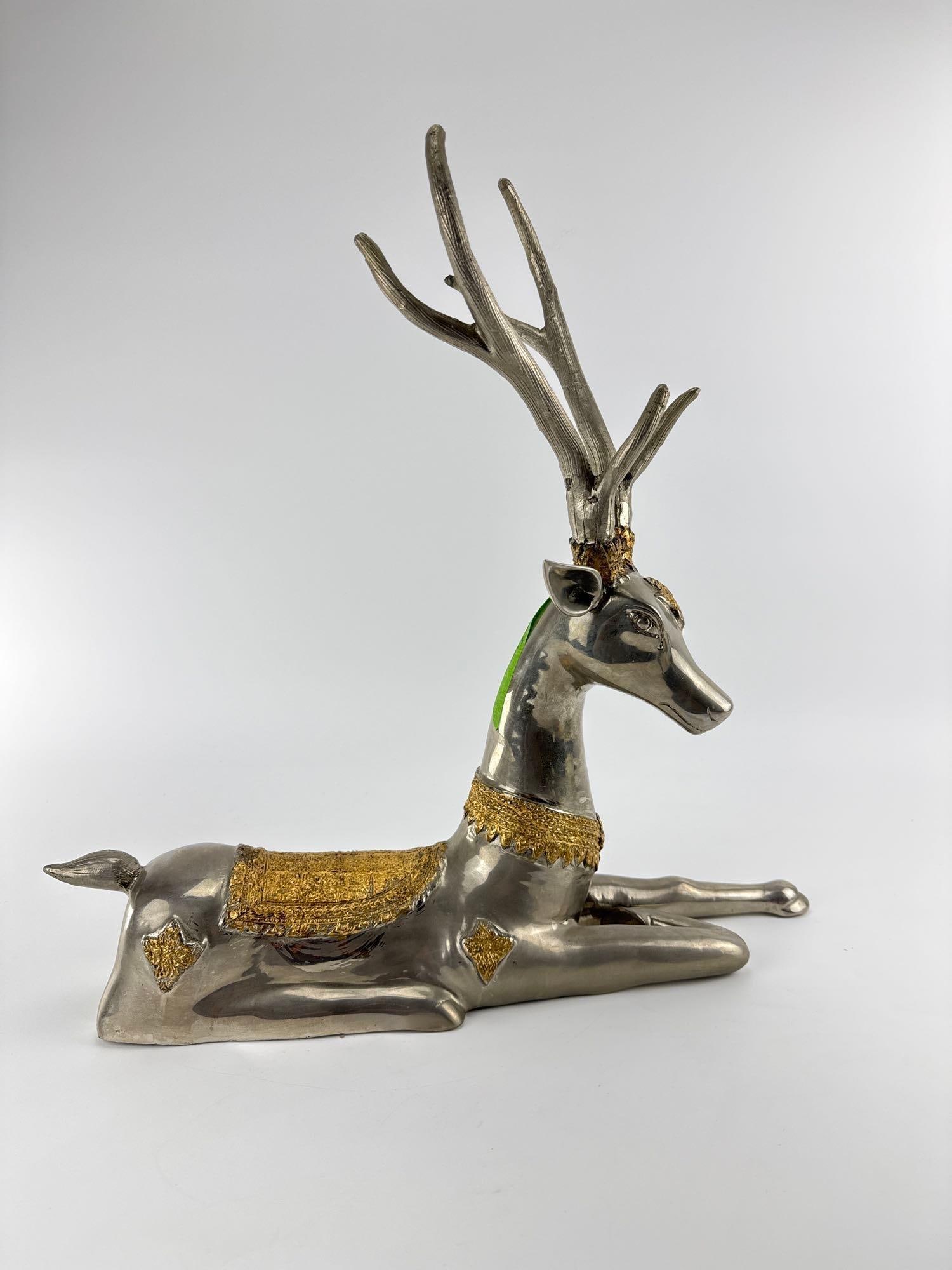 VINTAGE ASIAN THAI STYLE RECLINING SILVER TONE AND GILT METAL DEER SCULPTURE (1 of 7)