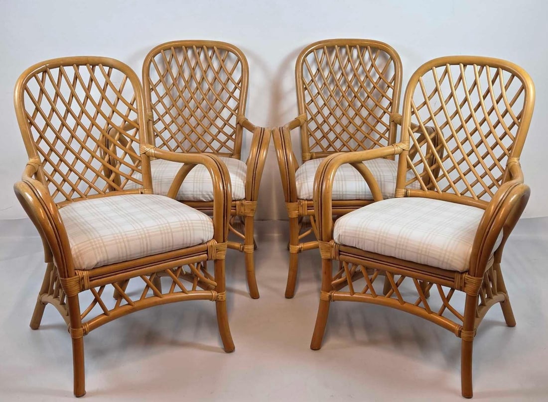 SET OF FOUR VINTAGE BENT RATTAN AND CANE LATTICEWORK ARMCHAIRS (1 of 12)