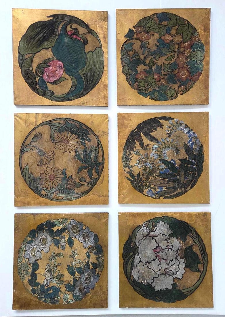 COLLECTION OF SIX ANTIQUE JAPANESE GOLD LEAF CEILING PANELS, TAISHO/SHOWA PERIOD HAND PAINTED (1 of 16)