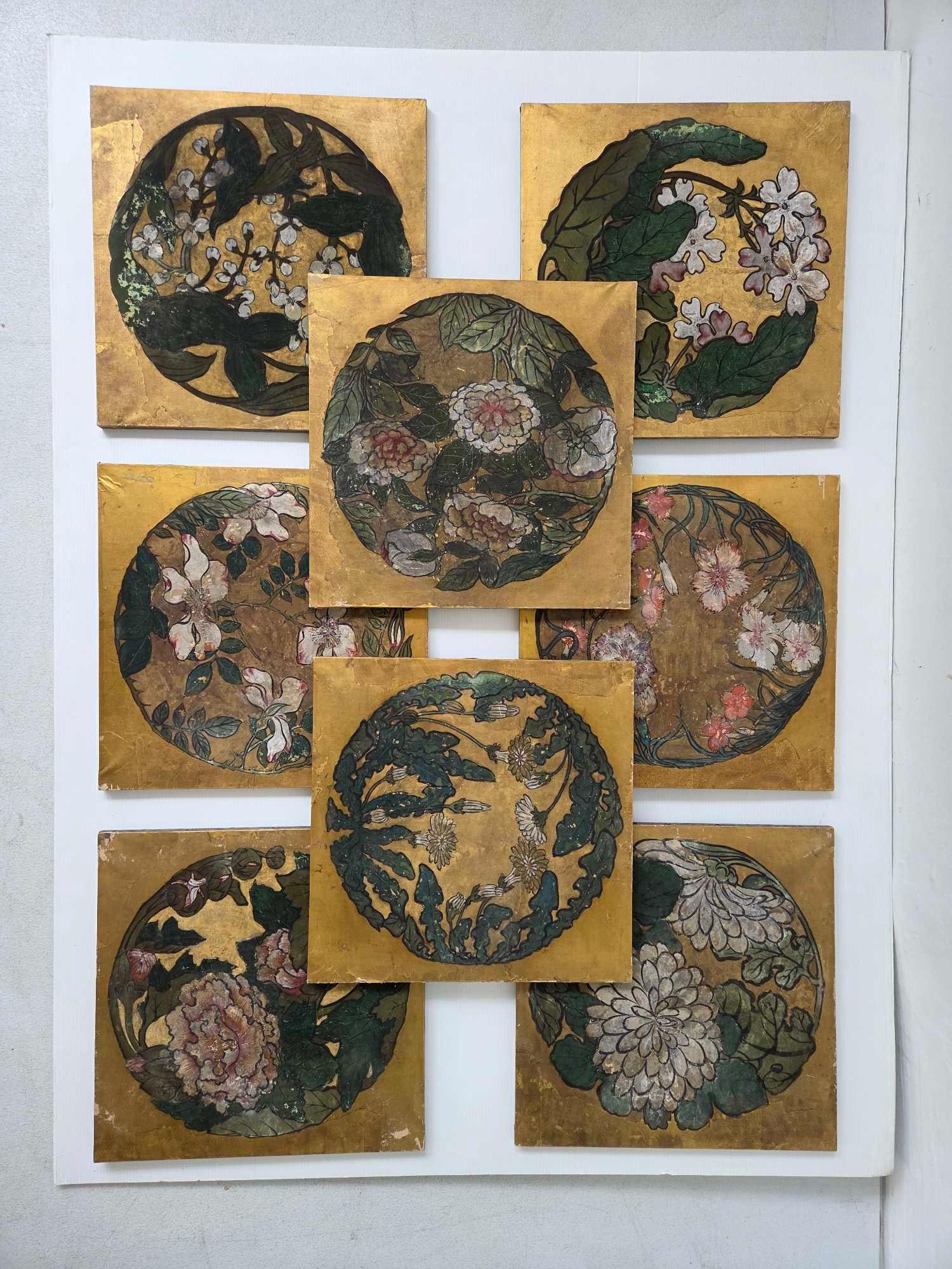 COLLECTION OF EIGHT ANTIQUE GOLD LEAF HAND PAINTED JAPANESE CEILING PANELS, TAISHO/SHOWA PERIOD HAND (1 of 18)