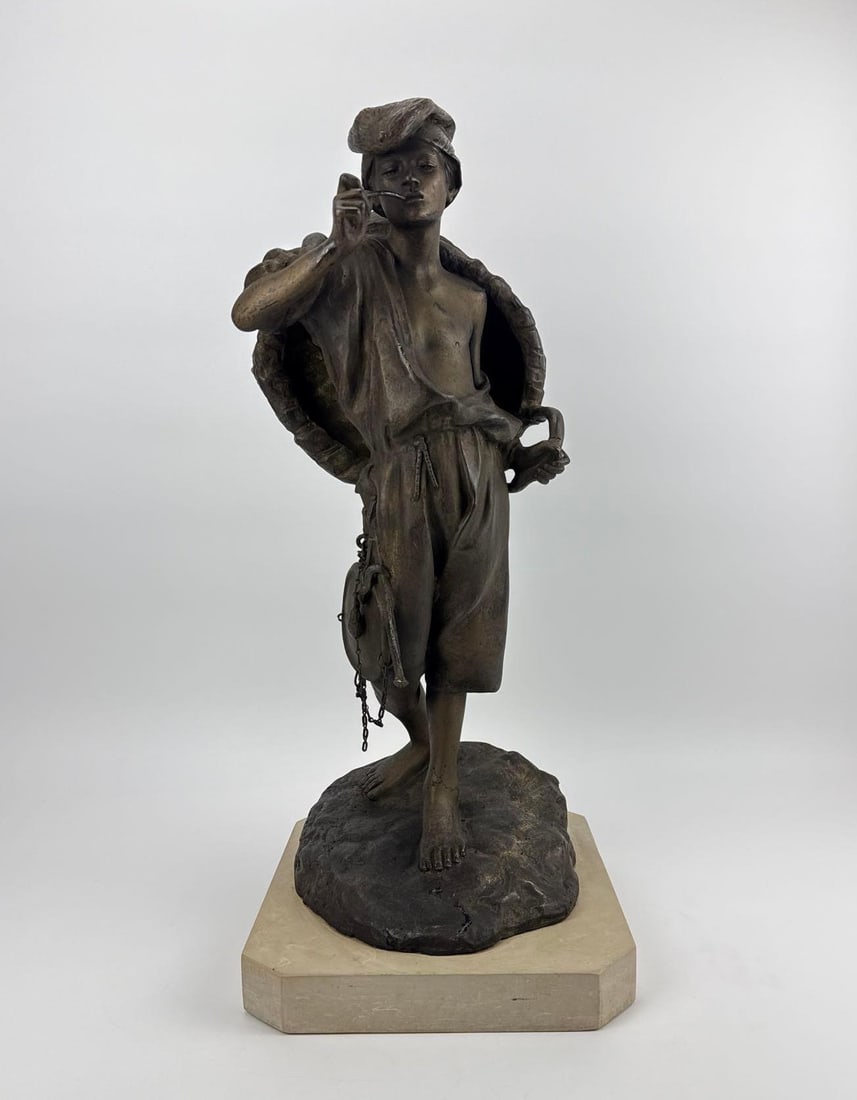 LARGE ACHILLE D'ORSI STYLE A. JORSI ITALIAN NEAPOLITAN BRONZE FISHERBOY SCULPTURE: Tall Italian Neapolitan patinated bronze figure of a young fisherman holding a pipe and basket signed A. Jorsi on a marble base Approximate Dimensions: 26” H X 10.5” W X 11.5” D Arti