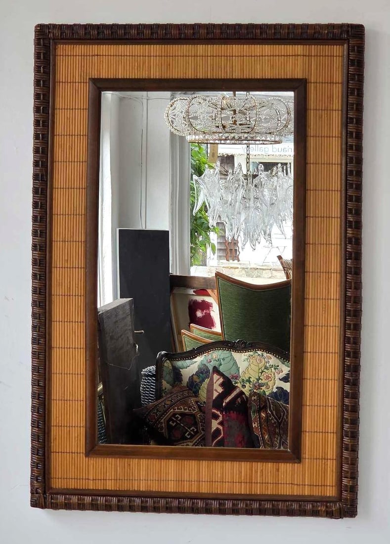 VINTAGE WOVEN RATTAN AND SPLIT REED RECTANGULAR WALL MIRROR (1 of 11)