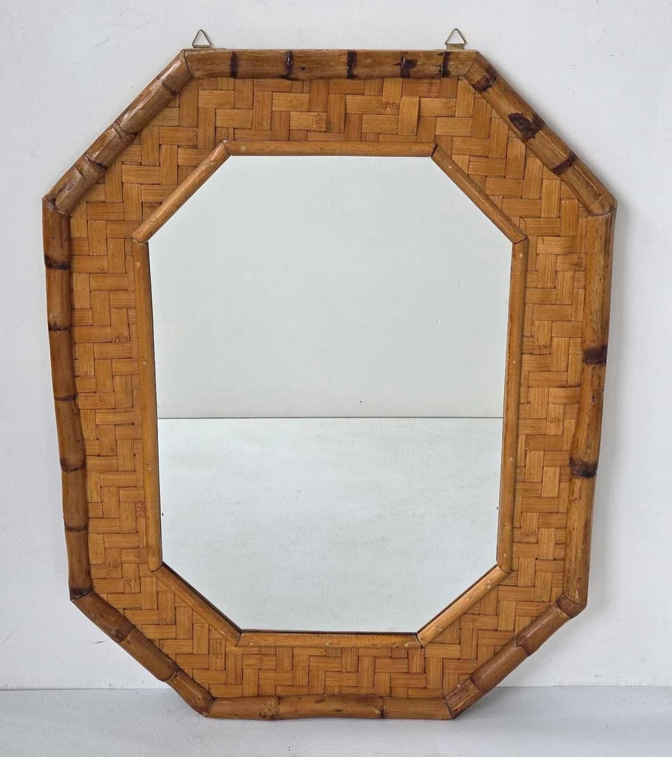 VINTAGE TORTOISE BAMBOO AND WOVEN RATTAN OCTAGONAL WALL MIRROR (1 of 10)