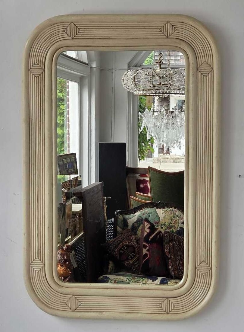 VINTAGE PAINTED BENTWOOD AND RATTAN RECTANGULAR WALL MIRROR: Vintage coastal modern rectangular wall mirror featuring a rounded-corner off-white painted bentwood frame with ribbed channeling and geometric corner accents. Approximate Dimensions: 40.5" H X 26