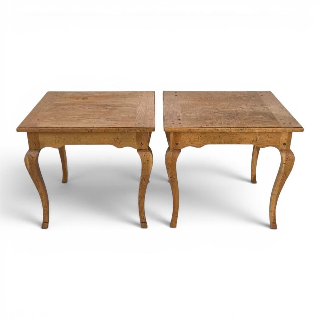 GUIDO ZICHELE FOR BLOOMINGDALES PAIR OF OAK SIDE TABLES: Pair of Guido Zichele for Bloomingdale's Italian oak side tables with banded parquetry tops, scalloped aprons, and cabriole legs in a distressed French country finish. Approximate Dimensions: 25&r