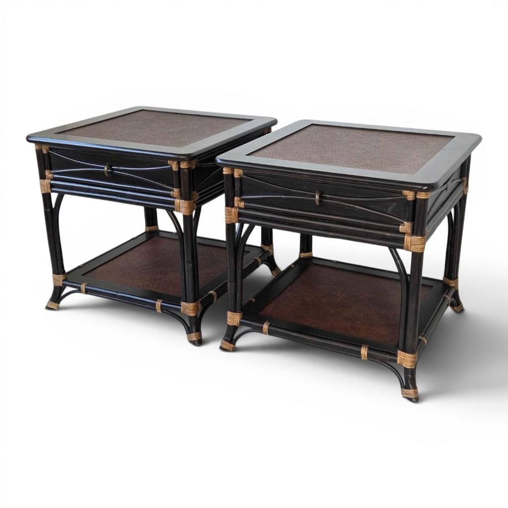 PAIR OF BLACK WOOD AND RATTAN TWO TIER SIDE TABLES WITH WOVEN RATTAN INSETS (1 of 20)