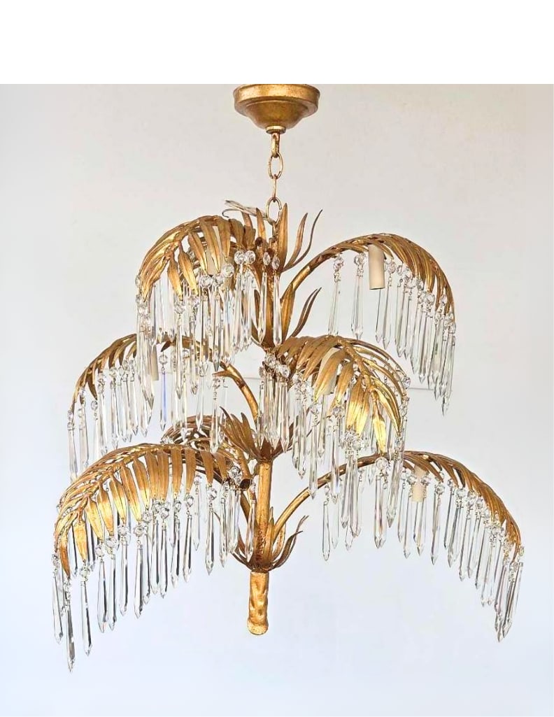 HOLLYWOOD REGENCY GILT METAL AND CRYSTAL NINE-FROND PALM TREE CHANDELIER (1 of 14)