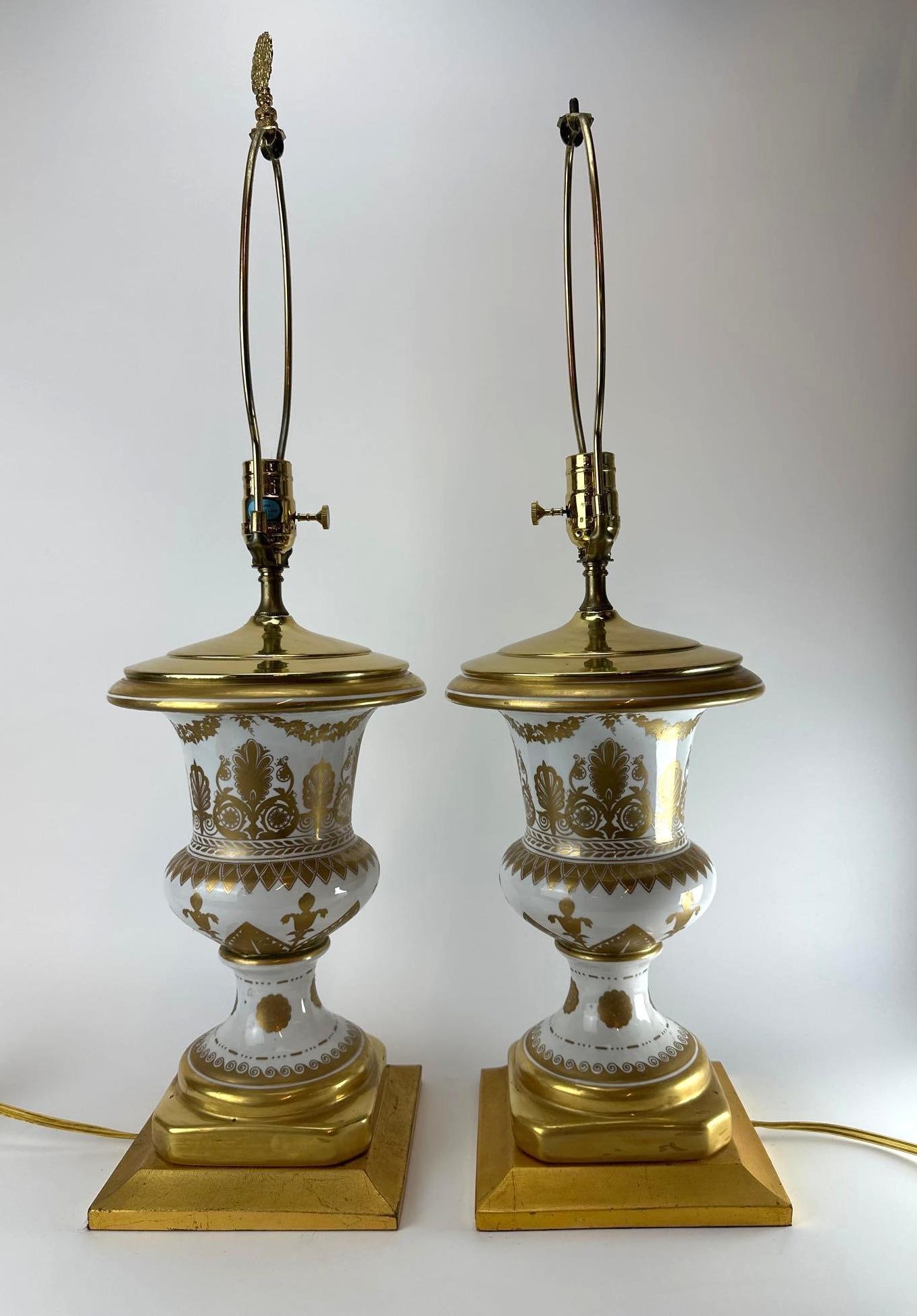 PAIR OF FRENCH EMPIRE STYLE WHITE AND GILT PORCELAIN URN TABLE LAMPS (1 of 9)