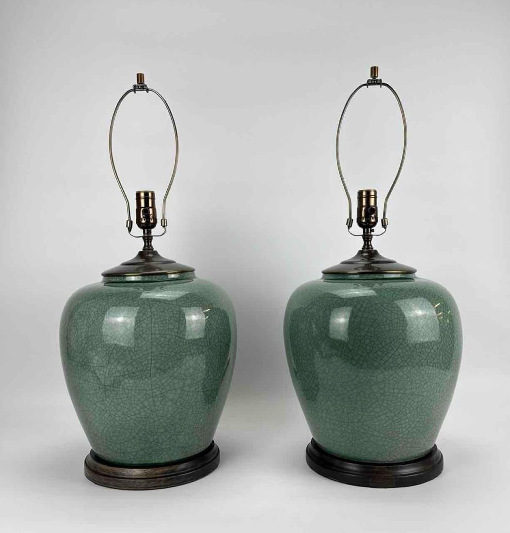 PAIR OF MID-CENTURY MODERN CELADON GREEN CRACKLE GLAZE CERAMIC LAMPS (1 of 5)