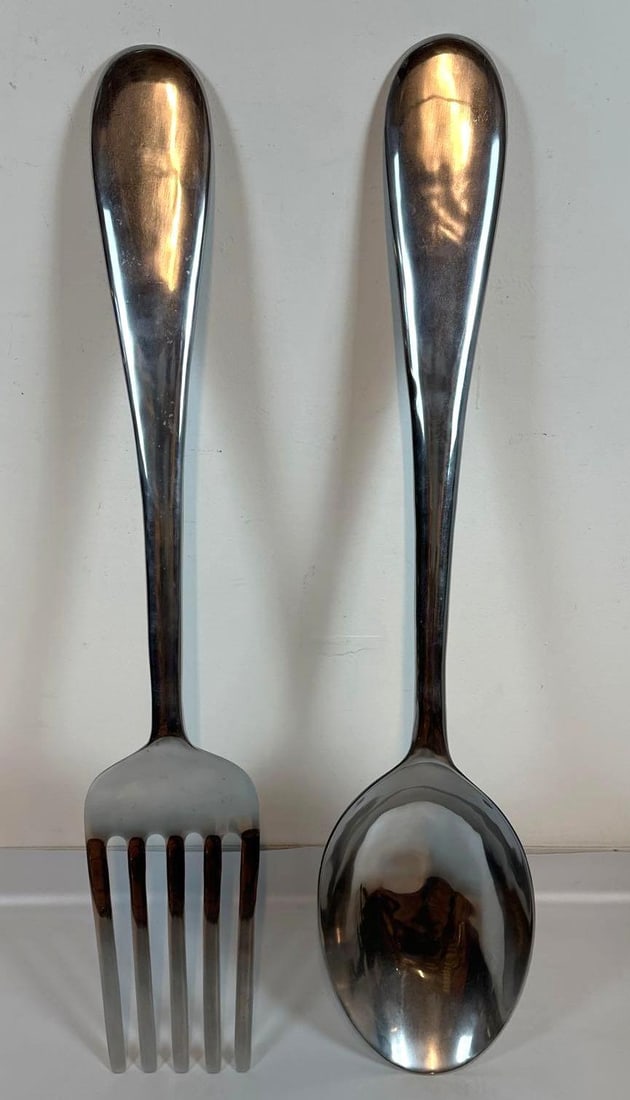 PAIR OF GIANT 47-INCH POLISHED METAL FORK AND SPOON WALL SCULPTURES | CURTIS JERE ATTR. (1 of 9)