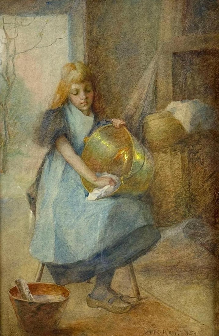 ADA HOWE KENT SIGNED WATERCOLOR ON PAPER "GIRL WASHING A BRASS BUCKET" 1895: Late 19th-century American watercolor illustration depicting a young girl in a blue dress polishing a large brass vessel in a simple interior Approximate Dimensions: 20” x 13”; Frame 21.5&