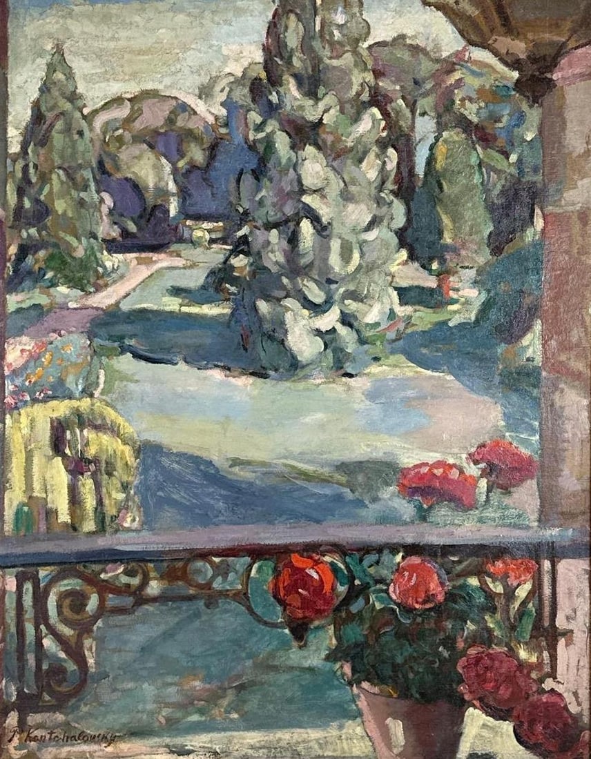 PYOTR PETROVICH KONCHALOVSKY RUSSIAN STILL LIFE OIL PAINTING GILT FRAME: Oil on canvas of red flowers on a windowsill before a mountain landscape, bearing a signature, in ornate giltwood frame Approximate Dimensions: 36" H x 28" W; frame 43" H x 35" W Artis
