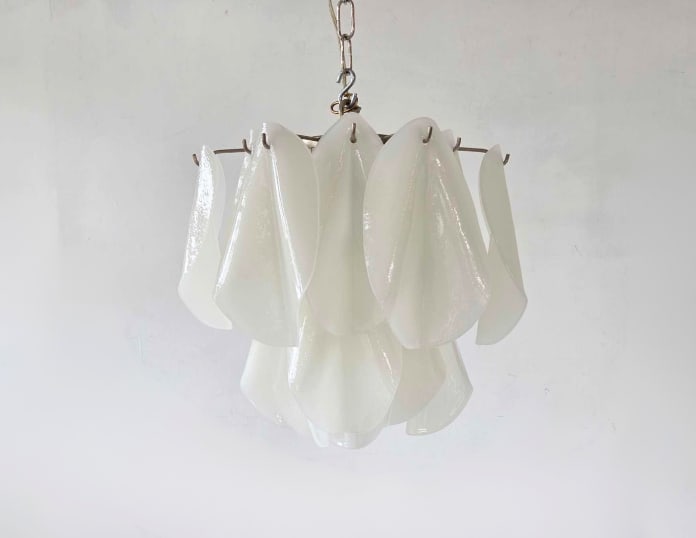 MID-CENTURY ITALIAN MURANO MAZZEGA GLASS PETAL CHANDELIER: Tiered Italian mid-century white opaline glass petal pendant light fixture Approximate Dimensions: 14" H X 14" DIA Artist or Maker: Murano Provenance: A New York Collect