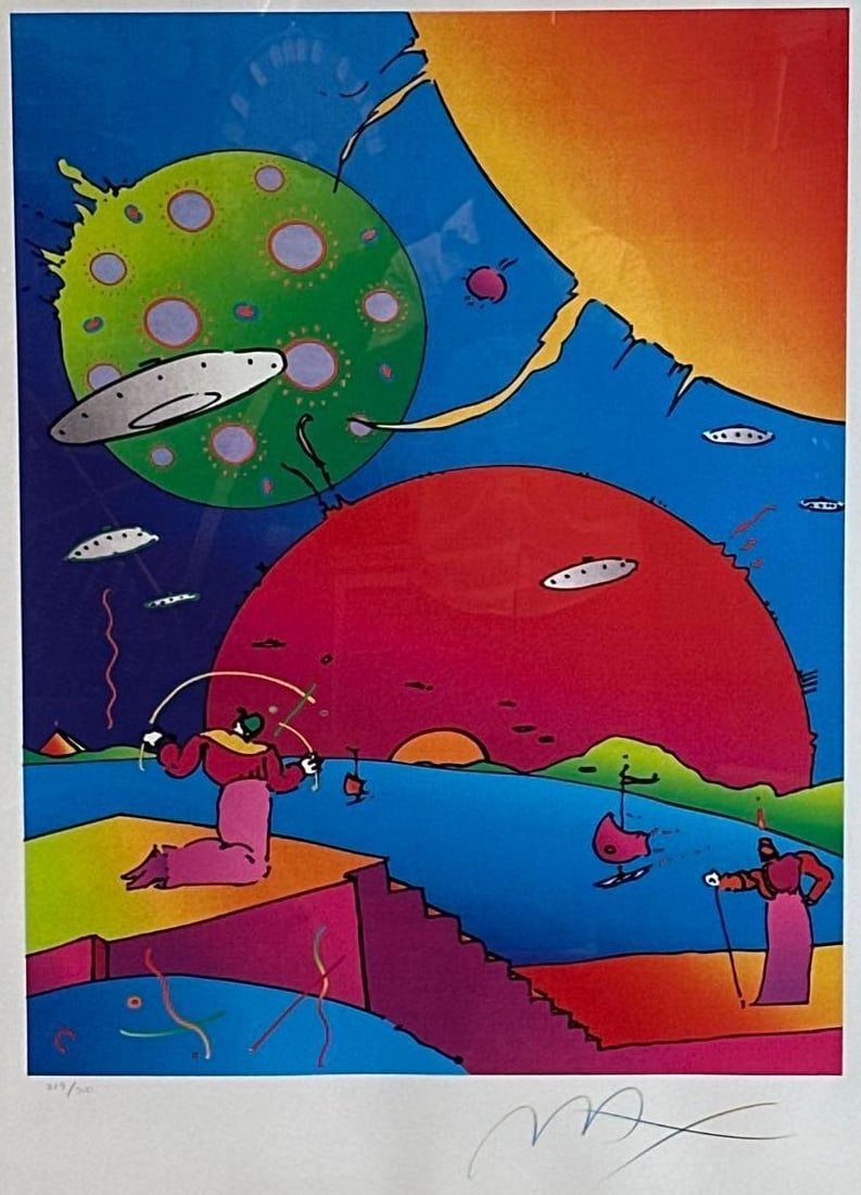 PETER MAX SIGNED NUMBERED PRINT "YEAR 2250", 219/300, FRAMED: Signed and numbered psychedelic print "Year 2250" in vivid color, edition 219/300, framed under glass Approximate Dimensions: 36" H x 28" W; frame 50" H x 43" W Artist or Maker