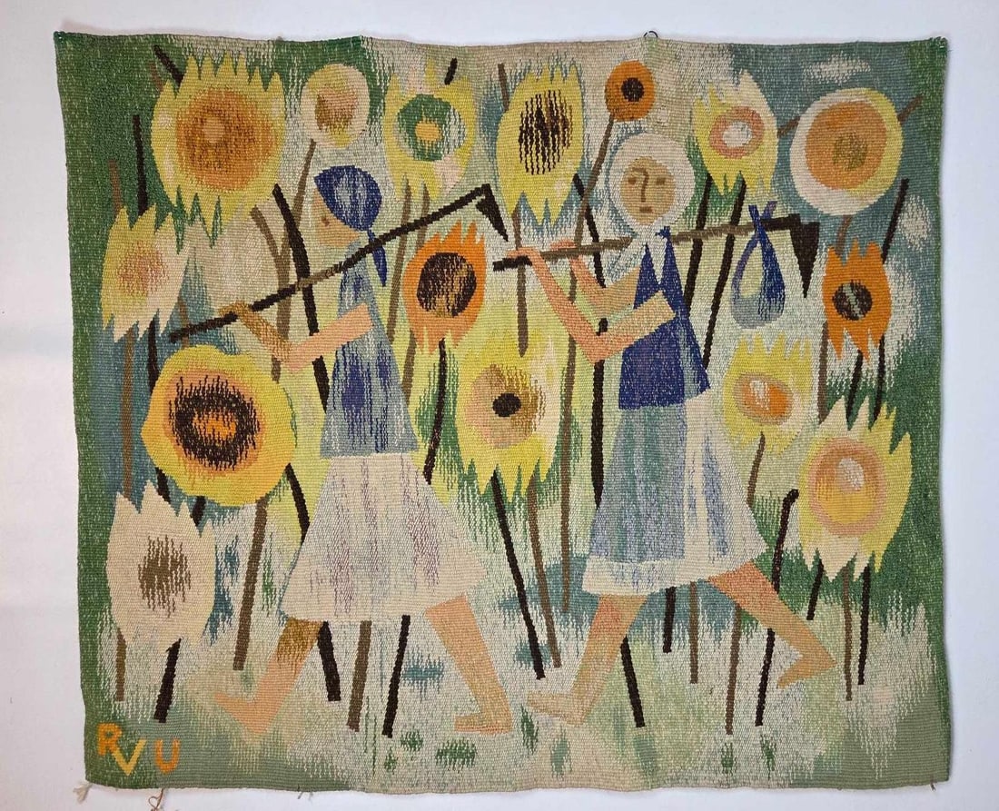 MIDCENTURY HUNGARIAN MODERNIST SUNFLOWER TAPESTRY, MONOGRAMMED RVU: Mid-century modernist woven tapestry with stylized sunflowers, monogrammed "RVU," with a woven maker's label verso. Approximate Dimensions: 35" X 40.5" Artist or Maker: Monogrammed
