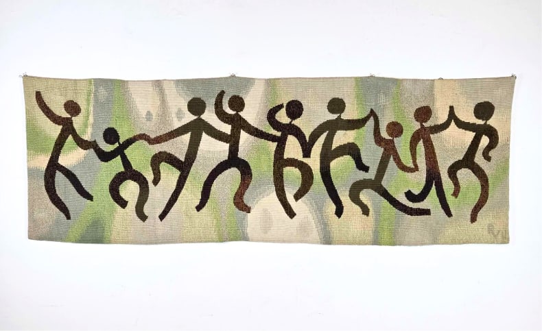 MIDCENTURY MODERNIST WOVEN TAPESTRY, DANCING FIGURES, MONOGRAMMED RVU: Long woven tapestry panel with brown silhouetted dancing figures on a pale ground, monogrammed "RVU." Approximate Dimensions: 23" X 68" Artist or Maker: Monogrammed "RVU" (same