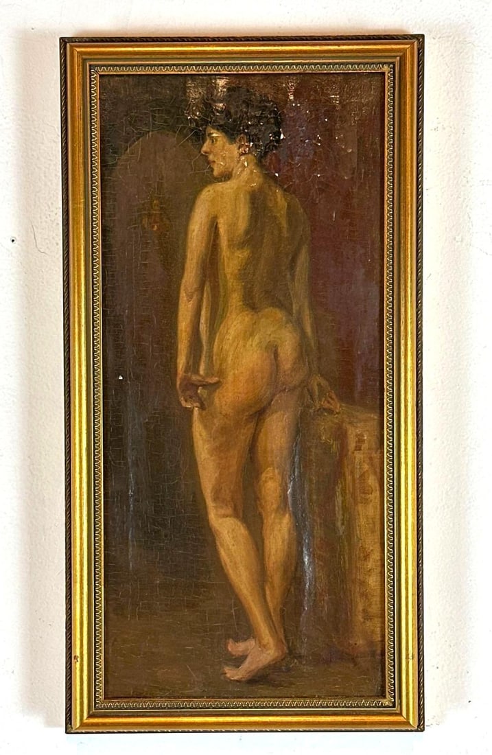 VINTAGE OIL PAINTING STANDING FEMALE NUDE STUDY GILT FRAME: Standing female nude study in oil, giltwood frame, unsigned Approximate Dimensions: 10" x 20" Artist or Maker: Unknown Provenance: From a New York Collector Notes: Although care is taken to ph