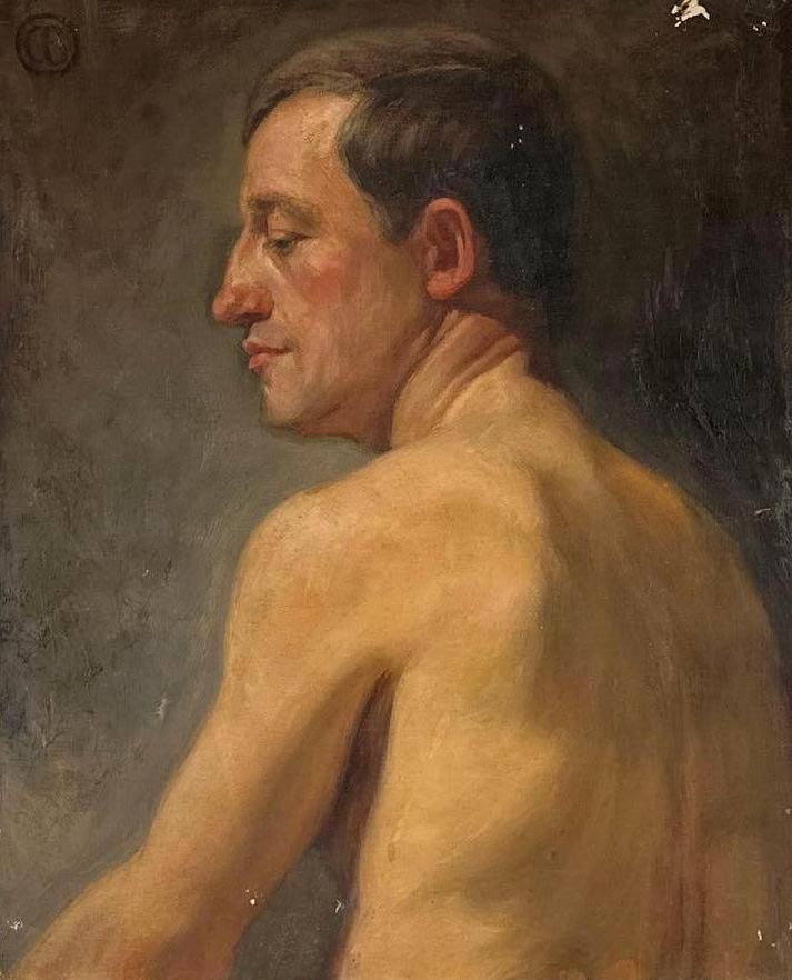 BAUDREXLER ANTIQUE ACADEMIC OIL STUDY PORTRAIT OF A YOUNG MAN: Academic oil study of a young man shown from behind in profile, unframed canvas. Marked "CB" Approximate Dimensions: 16" x 20" Artist or Maker: Carl Baudrexler Provenance: From a New Y