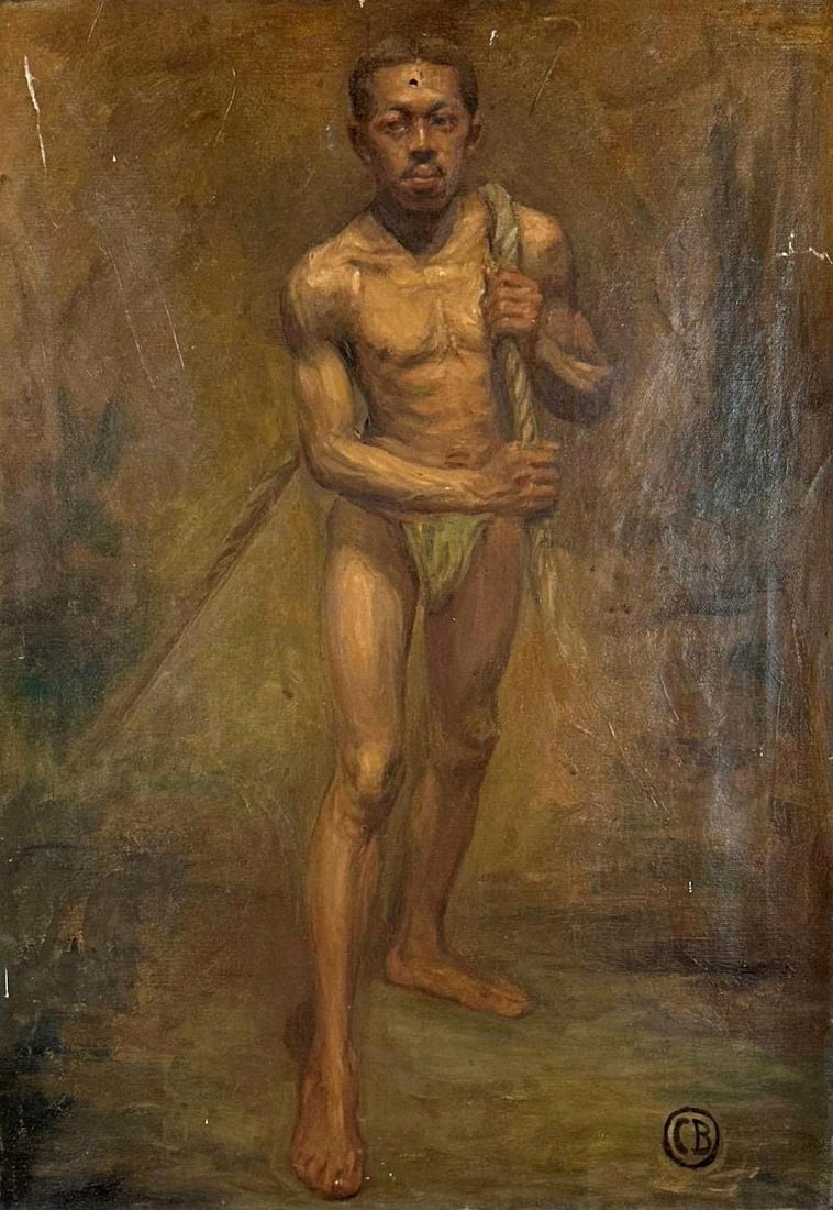 CARL BAUDREXLER OIL ON CANVAS PAINTING MARKED "CB": Academic oil study of a young maN, unframed canvas. Marked "CB" Approximate Dimensions: 29" X 20" Artist or Maker: Carl Baudrexler Provenance: From a New York Collector Notes: Although