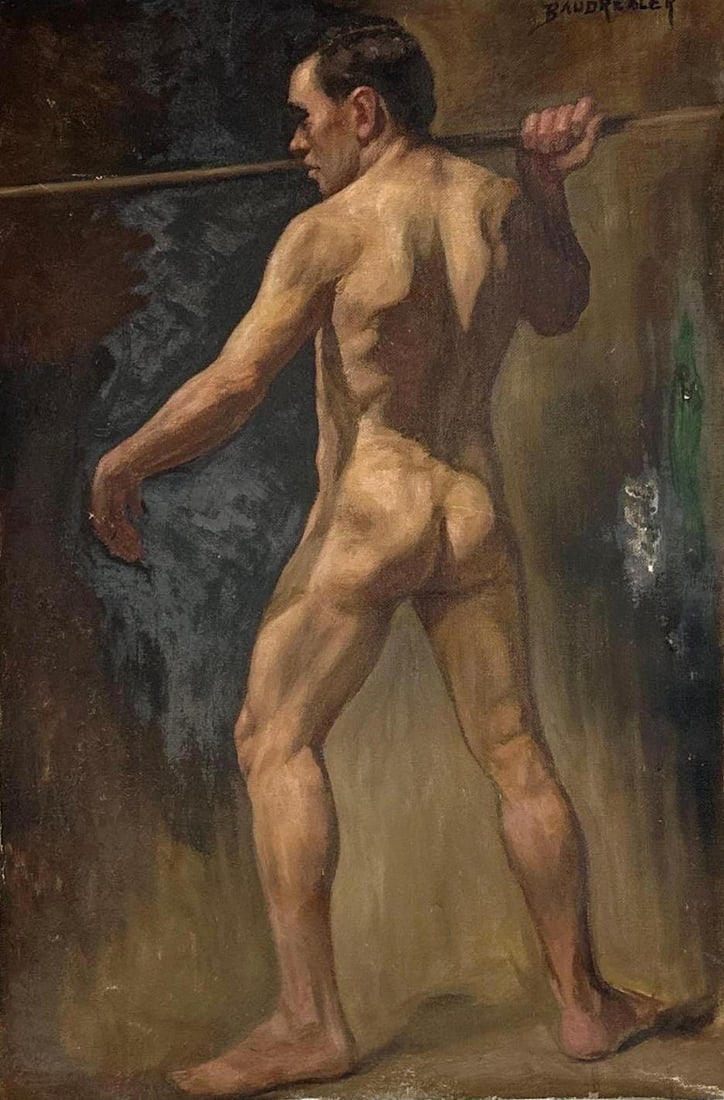 CARL BAUDREXLER MAN WITH A SPEAR/JAVELIN SIGNED: Academic oil study of a young man . unframed canvas. Note: there is a second painting concealed beneath the first. Approximate Dimensions: 30” x 31” Artist or Maker: Carl Baudrexler Proven