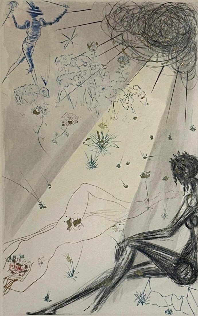 SALVADOR DAL? DRYPOINT ETCHING, "SONG OF SONGS OF SOLOMON" SUITE, 1971: Color drypoint etching of nude figures from Salvador Dalí’s 1971 "Song of Songs of Solomon" suite, pencil-marked E.A., in gilt frame Approximate Dimensions: 18" H x 12" W; frame 29&