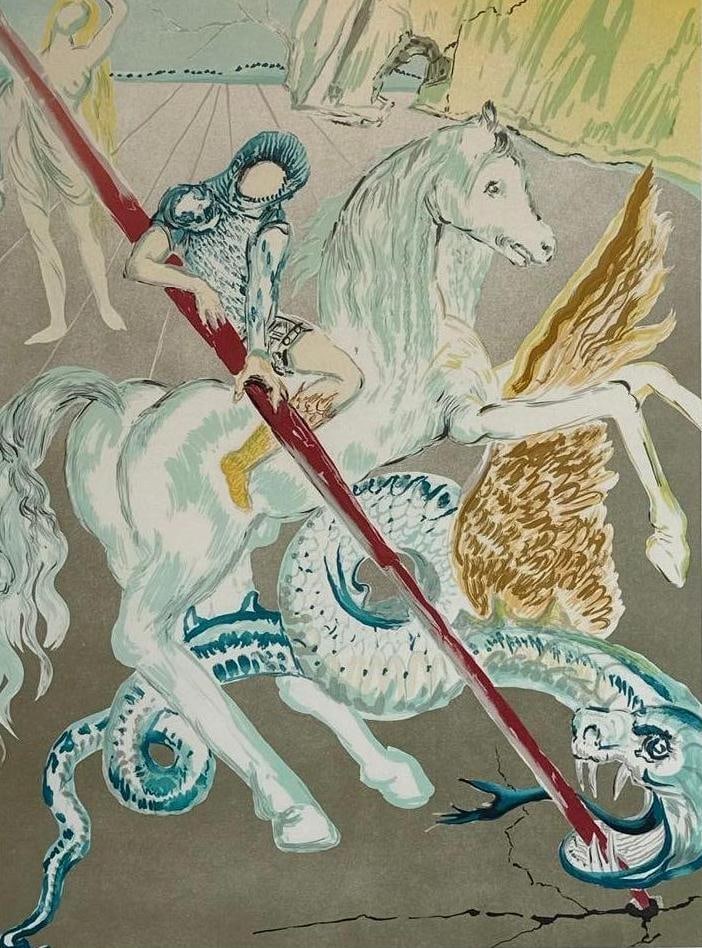 SALVADOR DAL? COLOR LITHOGRAPH "THE LANCE OF CHIVALRY" (ST. GEORGE), SIGNED: Color lithograph "The Lance of Chivalry" (St. George and the Dragon), pencil-signed by Dalí, framed Approximate Dimensions: 28" H x 20" W; frame 37" H x 28" W Artist or Maker: