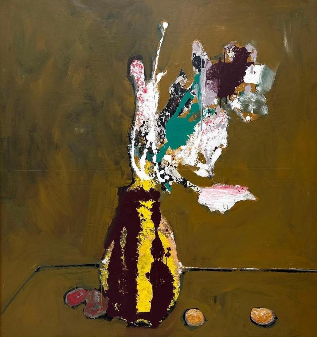 JAMES GRECO SIGNED WALL-SIZED LARGE ABSTRACT STILL LIFE PAINTING: Large abstract still life with purple vessel and stylized blooms on gold-olive ground, signed James Greco Approximate Dimensions: 61.5" x 66" Artist or Maker: Signed James Greco Provenance: Fr