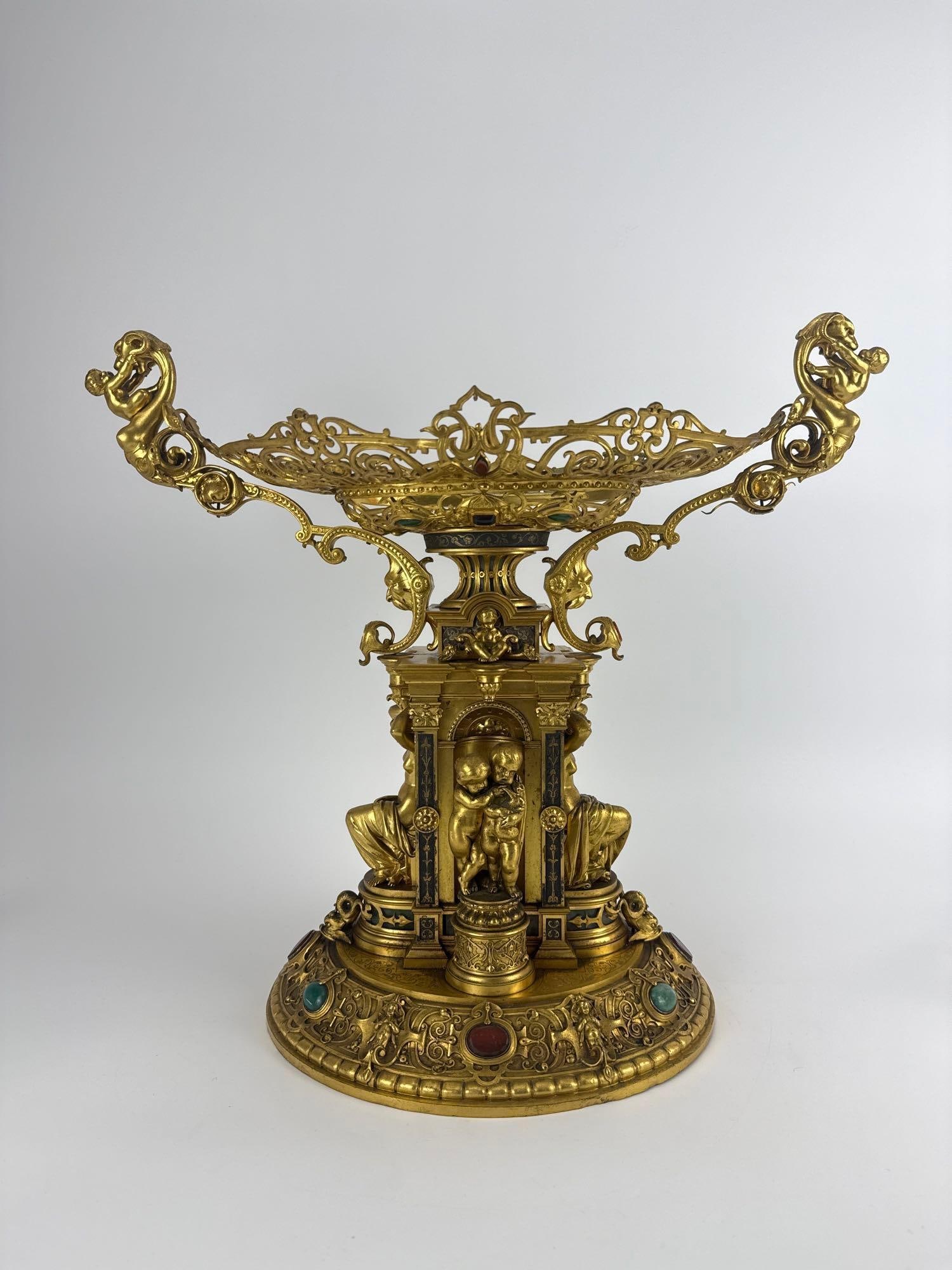 MONUMENTAL CONTINENTAL JEWELED GILT BRONZE FIGURAL CENTERPIECE, RENAISSANCE REVIVAL (1 of 20)