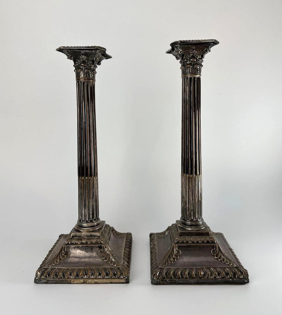 PAIR SILVERED CORINTHIAN COLUMN CANDLESTICKS (1 of 7)