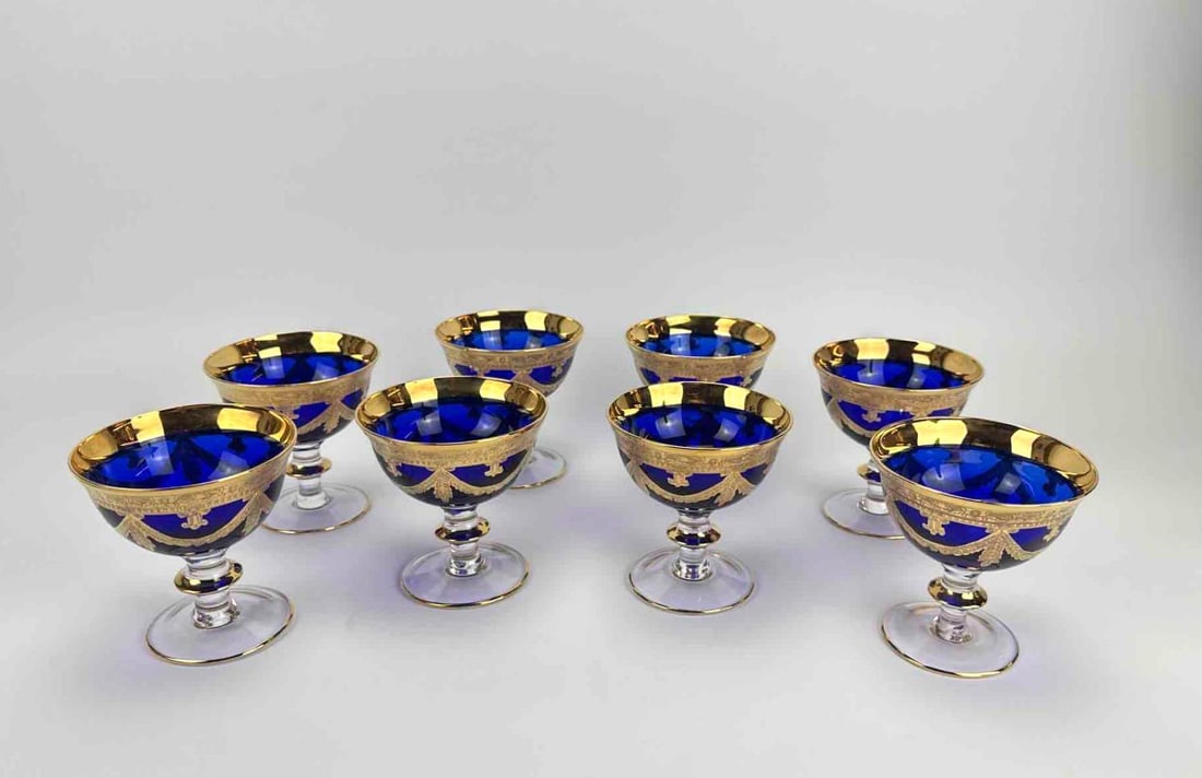 SET OF 8 MEDICI ITALIAN COBALT & 24K GOLD CRYSTAL COMPOTES | ARTE ITALICA | INTERGLASS (1 of 8)