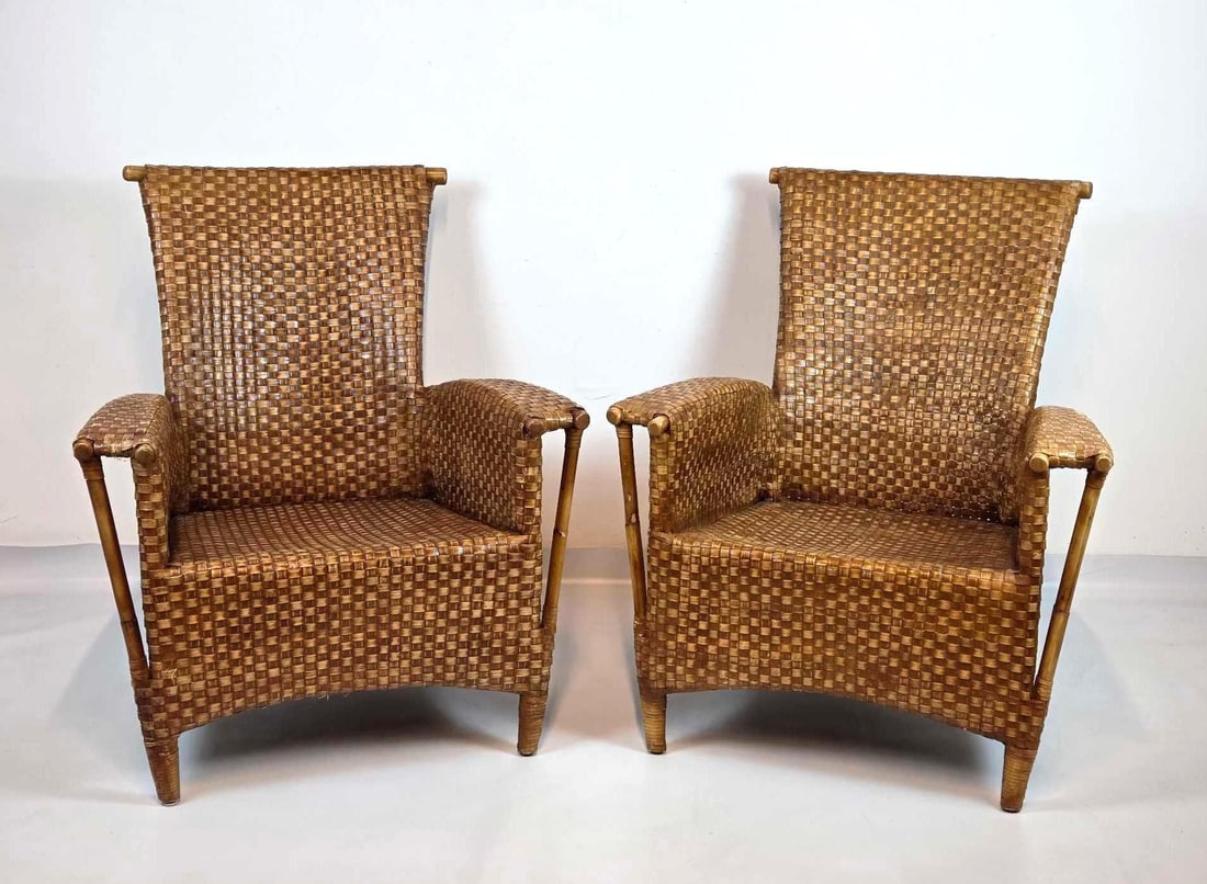 PAIR OF WOVEN RATTAN HIGH-BACK LOUNGE ARMCHAIRS, PALECEK STYLE (1 of 14)