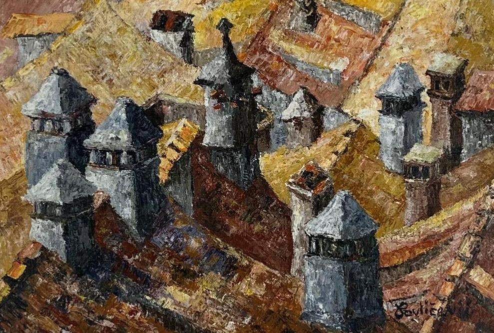 VINTAGE SIGNED MODERNIST OIL PAINTING, CUBIST STYLE FIGURES, FRAMED: Modernist oil on canvas of stylized figures in a village setting, palette-knife impasto, in giltwood frame Approximate Dimensions: 13" H x 19" W; frame 18" H x 24" W Artist or Maker: