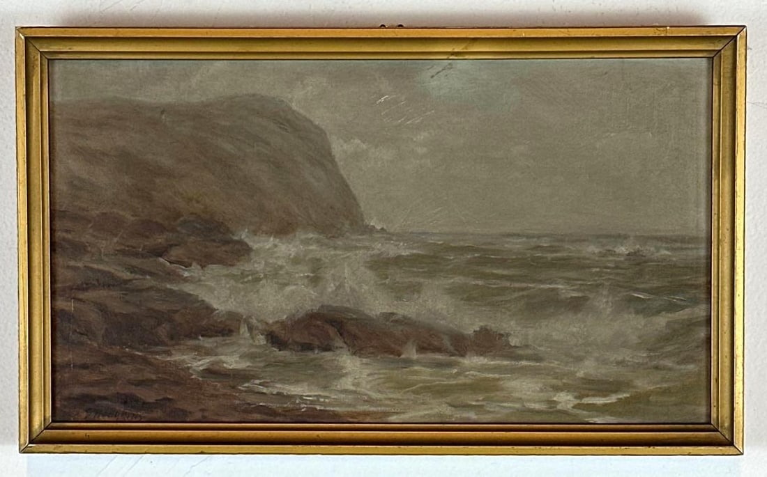 S. HODGKINS ANTIQUE AMERICAN TONALIST MARINE OIL PAINTING: Tonalist marine oil on canvas of surf breaking on a rocky coast under a hazy sky, in giltwood frame Approximate Dimensions: 9" H x 16" W; frame 10" H x 17" W Artist or Maker: Hodgkins 