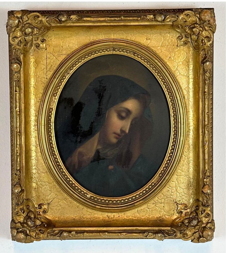 19TH C. OLD MASTER OIL ON TIN, MADONNA AFTER CARLO DOLCI, GILT FRAME: Devotional oval oil on tin of the Madonna with bowed head, after Carlo Dolci, in ornate giltwood frame Approximate Dimensions: 11" H x 9" W; frame 17" H x 14" W Artist or Maker: